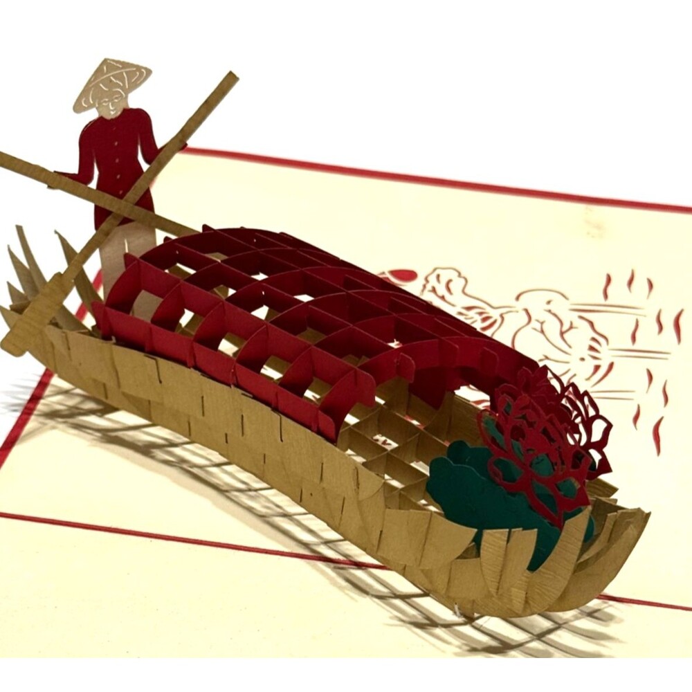 Pop Up 3D Handcrafted Folk Art Cut Paper Sampan Red Cream Greeting Birthday Card
